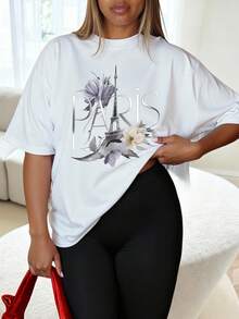 SHEIN EZwear Plus Size Women Letter & Floral Print Round Neck Short Sleeve Casual T-Shirt, Versatile For Summer - White - View 1