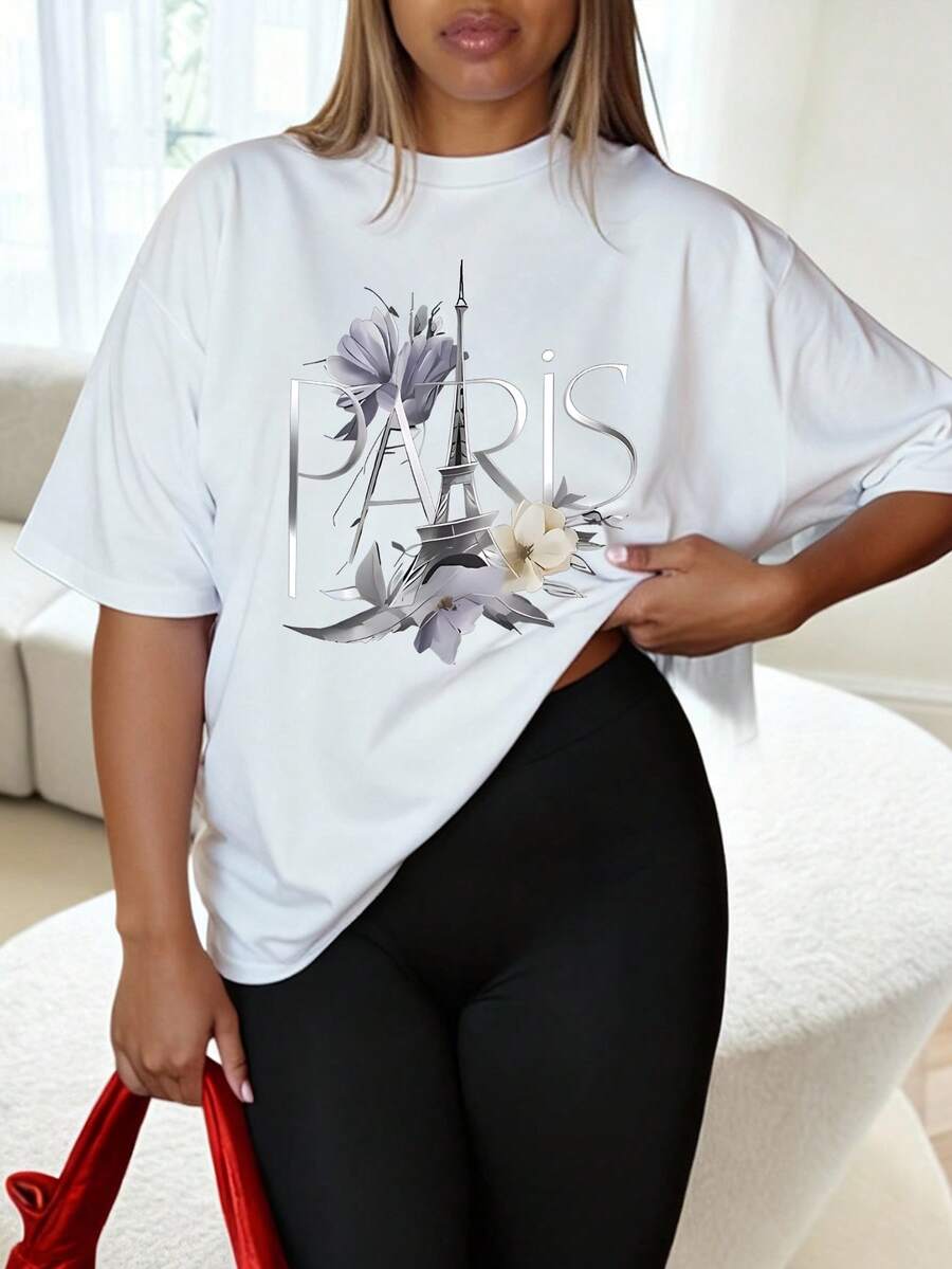 SHEIN EZwear Plus Size Women Letter & Floral Print Round Neck Short Sleeve Casual T-Shirt, Versatile For Summer - White - View 1