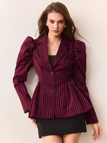 Revavyn Women's Puff Flower Hem Lantern Sleeve Notched Collar Striped Blazer Jacket - Burgundy - View 5