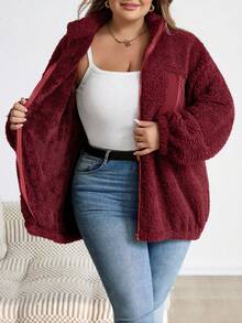 SHEIN CURVE+ Plus Size Casual Warm Zip-Up Stand Collar Jacket, Autumn/Winter