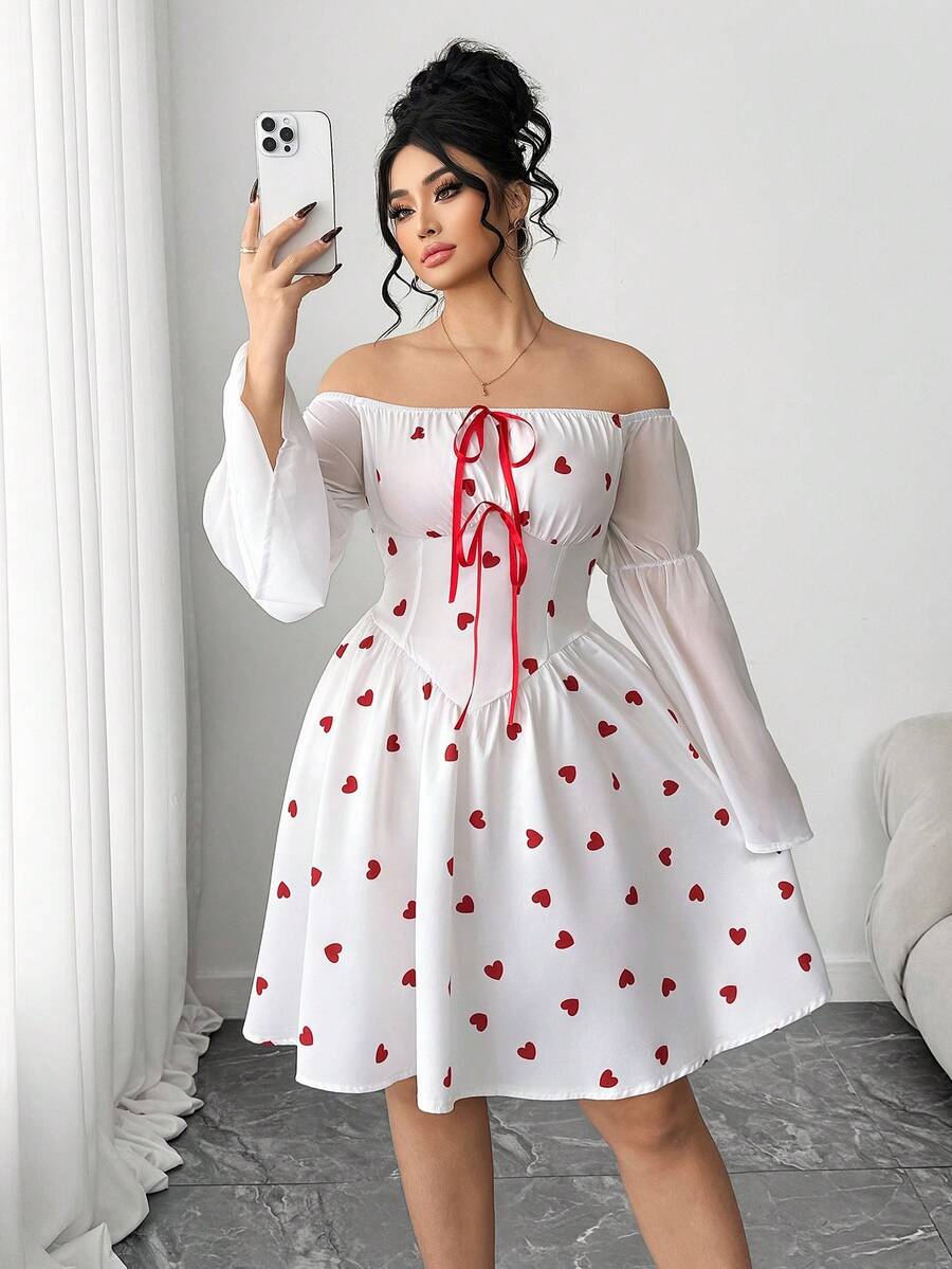 Elenzga 大码露肩喇叭袖收腰印花连衣裙，适合海滩度假、海滩旅行、通勤、情人节、音乐节、母亲节、万圣节、感恩节、复活节、国庆节、新年、约会派对、圣诞节、婚礼季等场合。 - 白色 - 查看 1