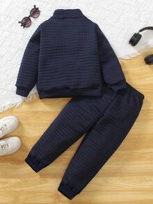SHEIN 2pcs/Set Young Boy Casual Textured Letter Graphic Sweatshirt And Sweatpants Set, Autumn - Blue - View 2