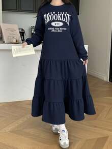 Teen Girls' Casual Loose Crew Neck Drop Shoulder Thermal Lined Ruched Hem Dress, Back To School, Suitable For Autumn/Winter, Girls Long Dress