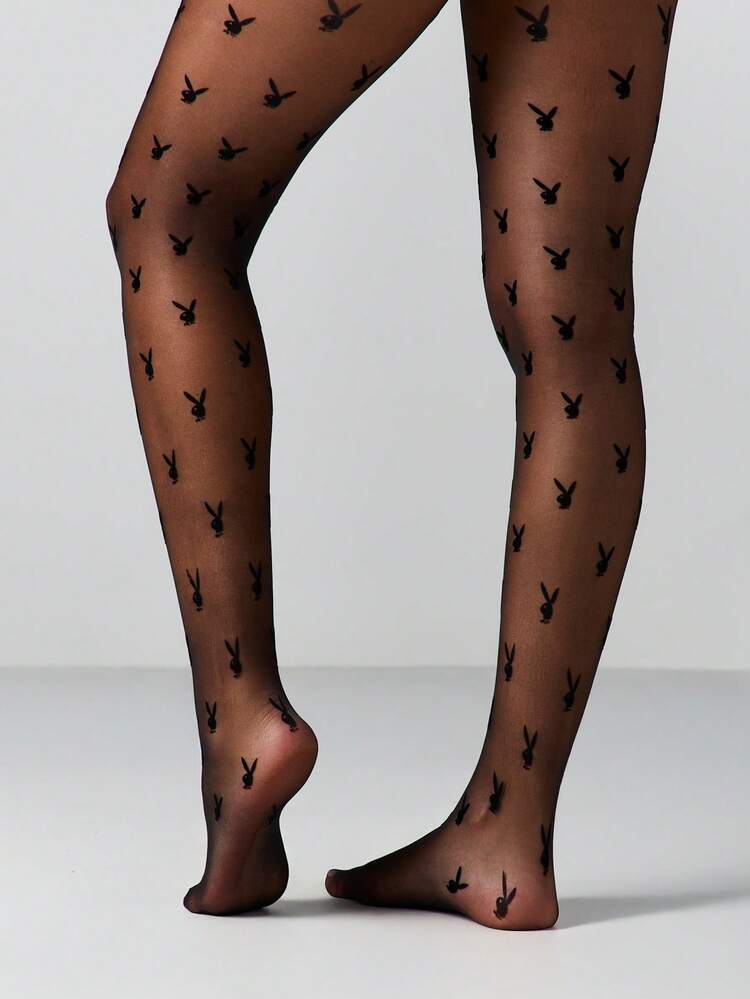 Missguided x Playboy Sheer Tights With All Over Bunny Print Pattern Hosiery Pantyhose For Everyday Wear And Special Occasions