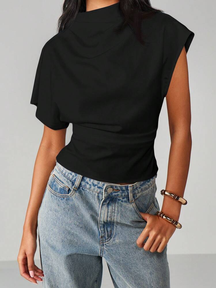 MISSGUIDED Women's Short Sleeve Mock Neck Fitted Top With Dolman Sleeves And Cinched Waist For Spring Summer Everyday Casual Wear