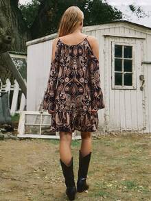 Freevana Women's All-Over Print Ruffle Hem Casual Vacation Long Sleeve Midi Dress Western Boho Summer Clothes Women Short Sets For Women - Coffee Brown - View 5