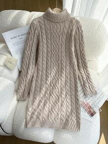 女童扭结纹理高领毛衣连衣裙，简约百搭，适合日常穿着，秋冬季