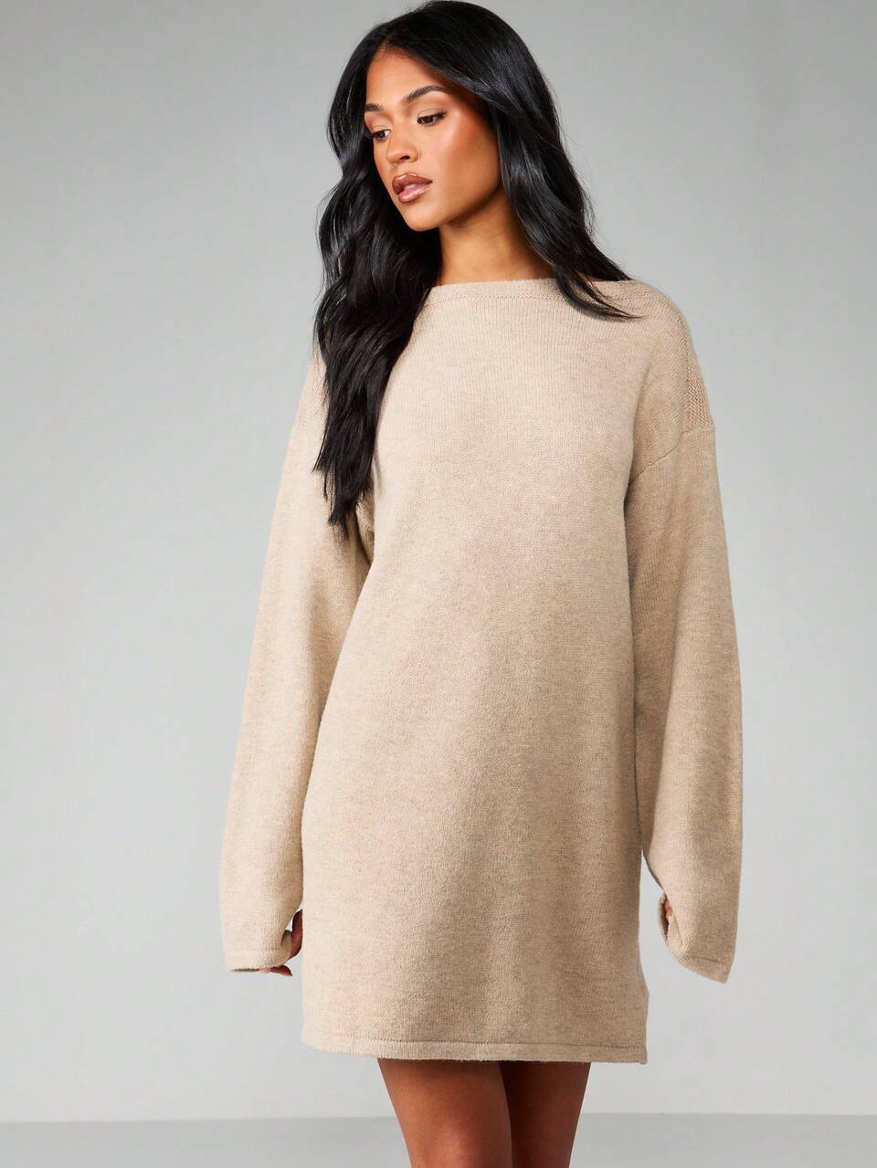 MISSGUIDED Oversized Slash Neck Mini Sweater Dress Long Sleeve Knit Tunic Fall Winter Pullover Dress