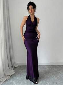 Rafferiza Đầm dài phối lưới xếp ly cổ chữ V viền đuôi cá thanh lịch có lót màu hồng cánh sen dành cho nữ, mùa thu/đông - Màu tím - Xem 3