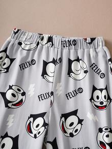 SHEIN Felix The Cat Young Boy Cartoon Pattern Cute Casual Long Sleeve T-Shirt And Pants Pajama Set - رمادي - مشاهدة 4