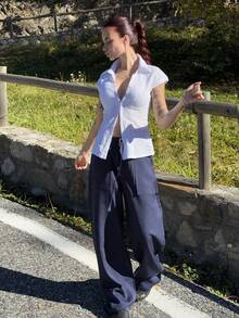 Abrilcols Pantalones elegantes con pernera acampanada y decoración de bolsillo en la cintura para mujer - Azul Marino - Ver 5