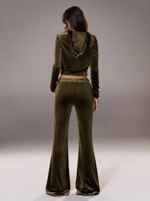 TRNVIE Women's Y2K Velvet Zip-Up Cropped Hoodie And Ultra Low-Rise Flare Pants Set, Casual - Army Green - View 2