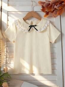 Girls' Refreshing Ruffled Collar Round Neck Ribbed Knit T-Shirt, Spring/Summer - Multicolor - View 1