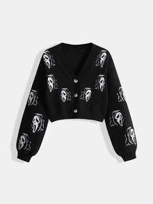 ROMWE Goth 女士复古哥特骷髅头刺绣开衫 - 黑色 - 查看 1