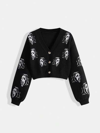 ROMWE Women's Vintage Goth Skeleton Head Embroidered Cardigan