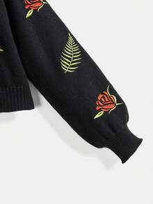 ROMWE Goth 女士玫瑰刺绣针织开衫 - 黑色 - 查看 4