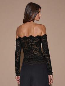 SHEIN BAE Women's Lace Sexy Sheer Hollow Out Off Shoulder Long Sleeve Top, Wine Red, Suitable For Christmas, Halloween, Day Of The Dead, Autumn/Winter Layering