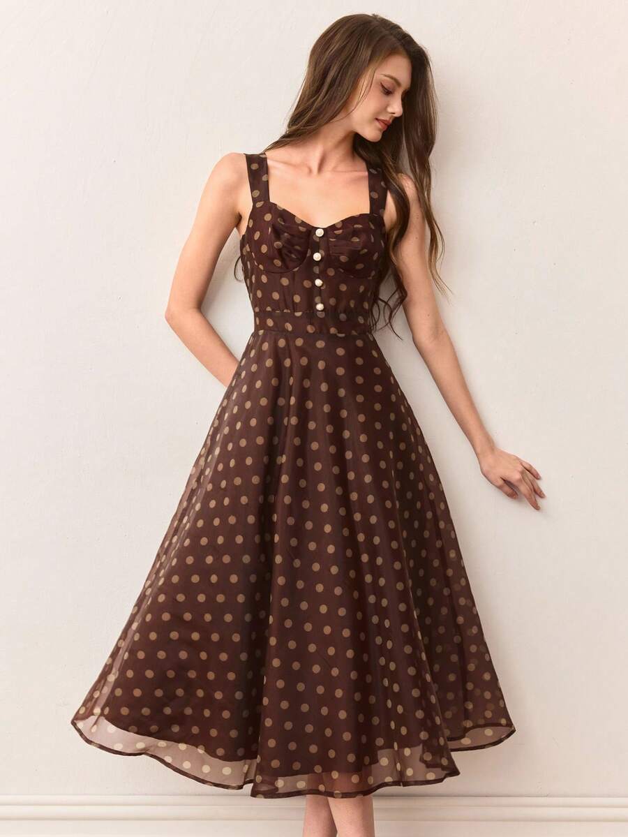 BELROSIE Elegant French Retro Romantic Graceful Organza Polka Dot Print Pleated Front Spaghetti Strap A-Line Dress For Women - Multicolor - View 1
