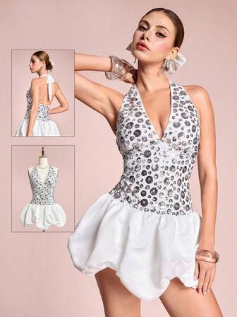 ROMWE Avant Women's Retro Party/Music Festival Sequin Patchwork Satin Contrast Color Halter Sexy Mini Dress