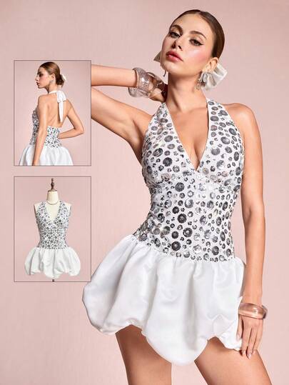 ROMWE Avant Women's Retro Party/Music Festival Sequin Patchwork Satin Contrast Color Halter Sexy Mini Dress