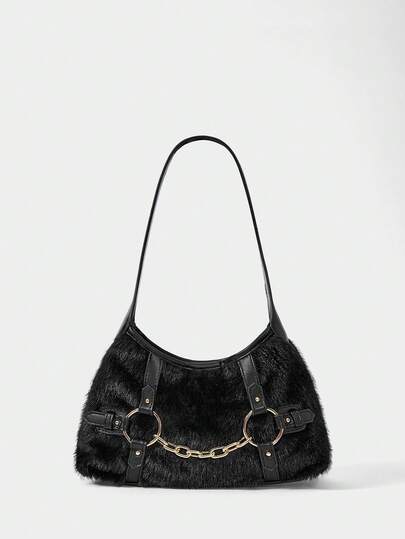 Grunge Punk حقيبة كتف مزخرفة بسلسلة من الفرو الاصطناعي، حقيبة هوبو فضفاضة بطراز بانك جوثيك، حقيبة يد بطراز الشارع