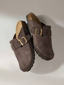 Solecia Women's Metal Buckle Design Slip-On Flat Shoes For Christmas - Coffee Brown - View 6