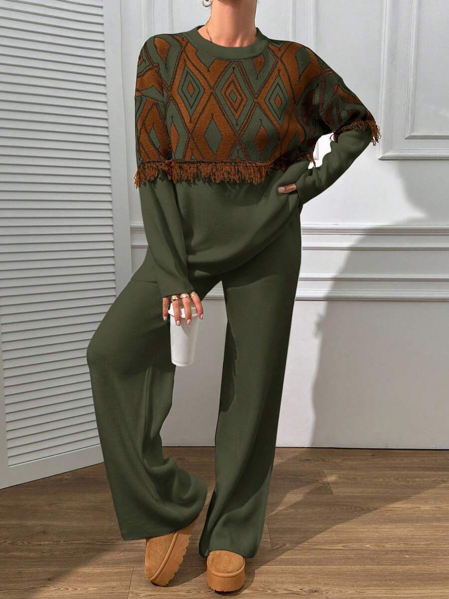 EURMUSE Boho Sweater And Trouser Casual Simple - Army Green - View 1