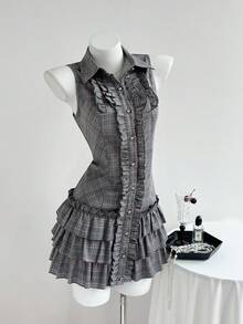 Elamini Women's Plaid Print Ruffle Hem Fitted Sleeveless Dress - Grey - View 4