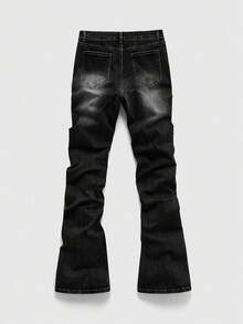 ROMWE MEN Street Life Spring Casual Graphic Men'S Sparkling Diamond Layered Flare Jeans - Black - View 3