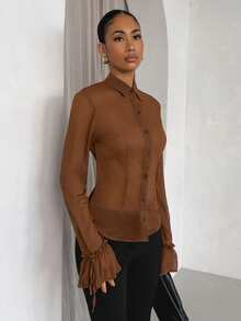Glamine Women Coffee Brown Sheer Woven Fabric Extra Long Sleeve Regular Blouse Zanzea Terno Pants And Blouse Brown Silk Shirt Brown Shirt For Women Terno Outfit For Women Blouse Blouse For Women Casual Modern Zoey Outfit Clothes For Ladies Zahide Outfit - Coffee Brown - View 4
