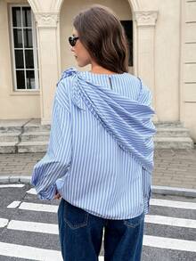 Serisse Women's Elegant Blue And White Stripe 2-Piece Set,Asymmetric Drop Shoulder Long Sleeve Shirt With Shawl,Autumn Office Commute Minimalist Blouse Top - Blue and White - View 2