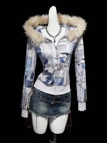 SHEIN ICON Vintage Print Faux Fur Collar Patchwork Hooded Zip-Up Jacket,Fall,Fall Clothes For Women,Women's Winter Clothes - Grey - View 8