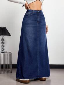 Rivivi Women's High Waist Pocketed Casual Extra Long A-Line Denim Skirt - Dark Wash - View 8