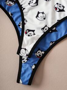 Felix The Cat X SHEIN Women's Comfortable Cute Cartoon Pattern Letter Jacquard Thong Panties - Blue and White - View 6
