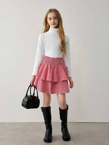 Tween Girls' Casual Plaid Layered Mini Skirt, Summer - Red - View 6