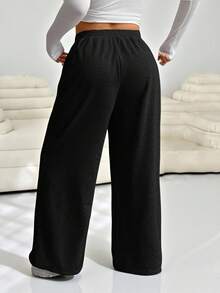 SHEIN EZwear Große Größen V-Taille Weit Geschnittene Lässig Zuhause Jogginghose, Herbst/Winter, Schwarz - Schwarz - Übersicht 7