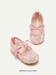 Cozy Pixies 1 Pair Spring/Summer Lace Cute Floral Mesh Bow Decor Flat Princess Shoes For Girls, Suitable For Wedding, Party, Gathering - Pink - View 2