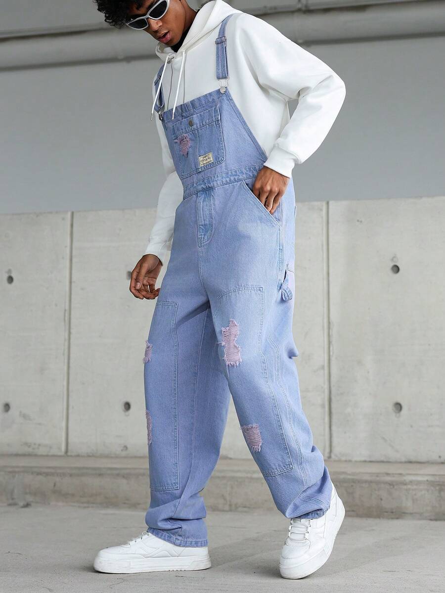 Manfinity Hypemode Men's Casual Distressed Chest Strap Denim Bib Overalls Baggy Overalls Men - Mauve Purple - View 1