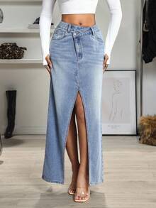 Jeanoix 女士不对称腰部口袋开衩下摆休闲牛仔裙 - 黑色 - 查看 1