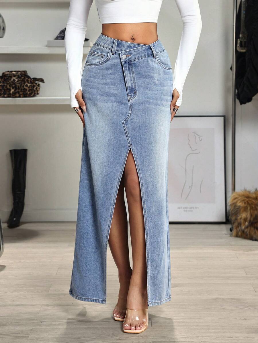 Jeanoix 女士不对称腰部口袋开衩下摆休闲牛仔裙 - 黑色 - 查看 1