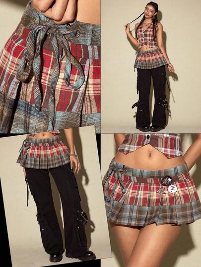 ROMWE Avant Jupe plissée style preppy à carreaux et patchwork pour femmes