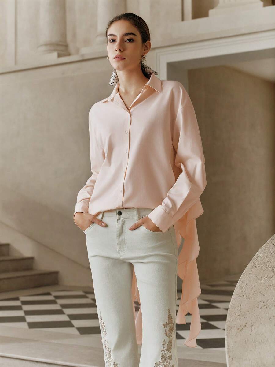 Savoree Elegant Romantic Women's Shirt With Ruffled Collar And Stylish Design - Baby Pink - View 1