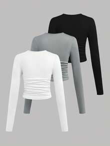SHEIN Girlism 3pcs/Set Teen Girl Solid Color Crew Neck Ruched Long Sleeve T-Shirts - Blue - View 2