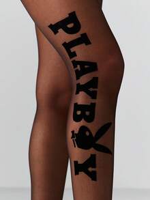 Missguided x Playboy Logo Print Sheer Tights Pantyhose Hosiery Fashion Statement Legwear - Black - View 4