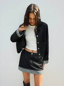 Maija 女士长袖单排扣口袋夹克和中长裙休闲牛仔两件套，都市通勤商务休闲装，优雅适合感恩节、圣诞节、新年派对，休闲时尚 - 黑色 - 查看 7