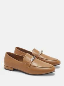 CUCCOO CURVES 女式宽版方头平底低跟鞋新款舒适百搭金属扣一脚蹬乐福鞋，棕色，加大码 - 棕色 - 查看 7