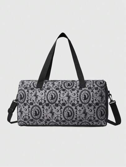 Grunge Punk Women's Fashion Starry Sky Cat & Flower Pattern Tote Bag