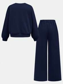 SHEIN Girlism 青少年女孩休閒日常童裝圓領紐約字母印花衛衣與直筒秋季長褲套裝 - 藏蓝色 - 查看 2