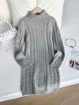 Girls Twist Texture Turtleneck Sweater Dress, Minimalist & Versatile For Daily Wear, Autumn/Winter Girls Sweater Dress Winter Dress Grey Sweater Dress Cable Knit Dress Long Sleeve Dress Girls Outfit Sets رمضان
عباياتabaya جلابياتjalabiya جلابيه Winter Clothes Grey Dress Grey Dress For Teen Girls Silver Girl Dress