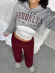 2pcs/Set Teen Girl Casual Loose Floral Print Cropped Loose Sweatshirt + Elastic Waist Wide Leg Pants Set, Versatile Apricot Fall Winter - Burgundy - View 4